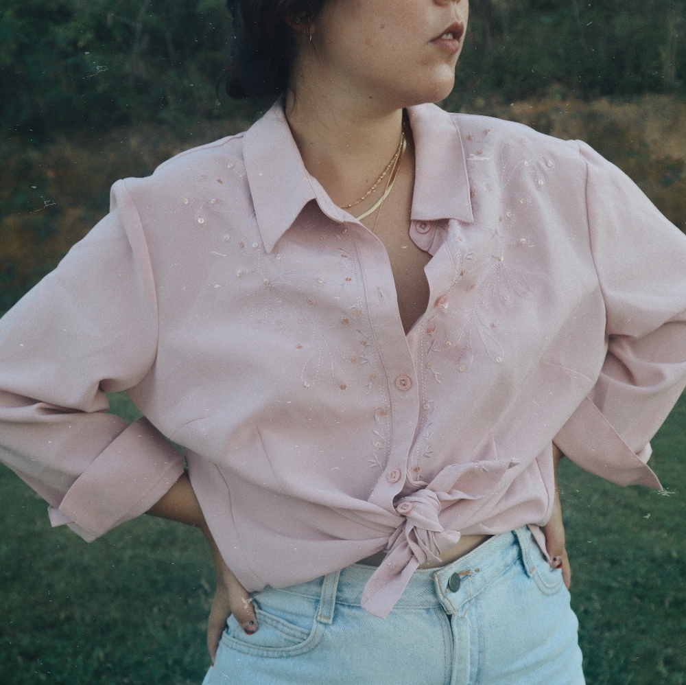 Pink button down with embroidery & sequins